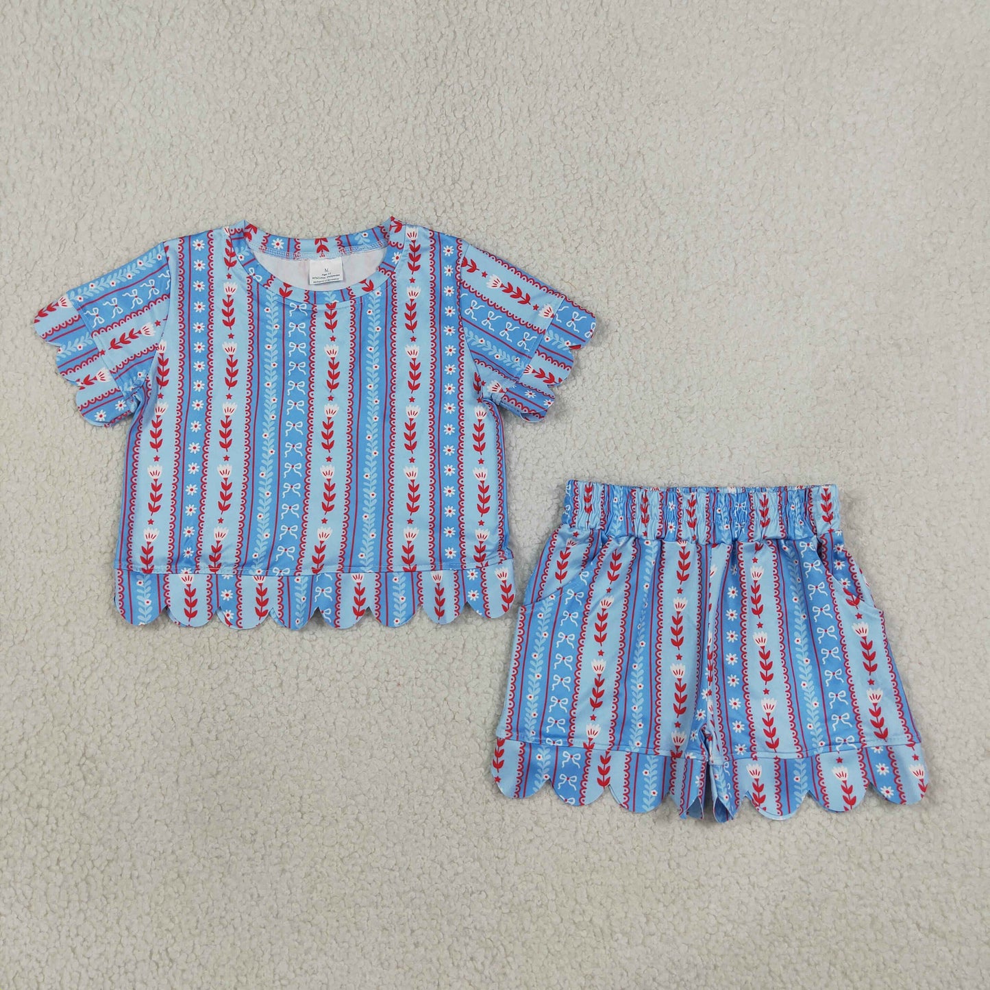 GSSO3554 4th of July Flower Bows Stripe Wave Ruffle Short Sleeve Shorts Girls Sets 202607 RTS