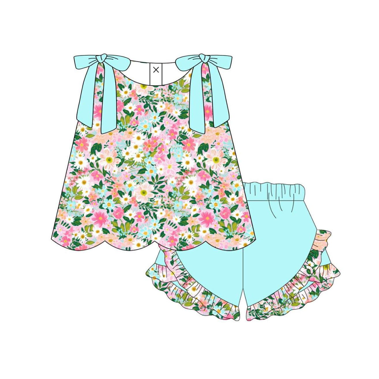 MOQ 30 PCS Preorder GSSO3556 Flower Leaf Blue Green Bows Wave Ruffle Sleeveless Shorts Girls Sets 202603