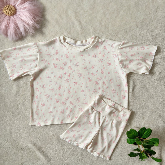 MOQ 5 PCS Preorder GSSO3558 Pink Floral Beige White Short Sleeve Shorts Girls Sets 202603