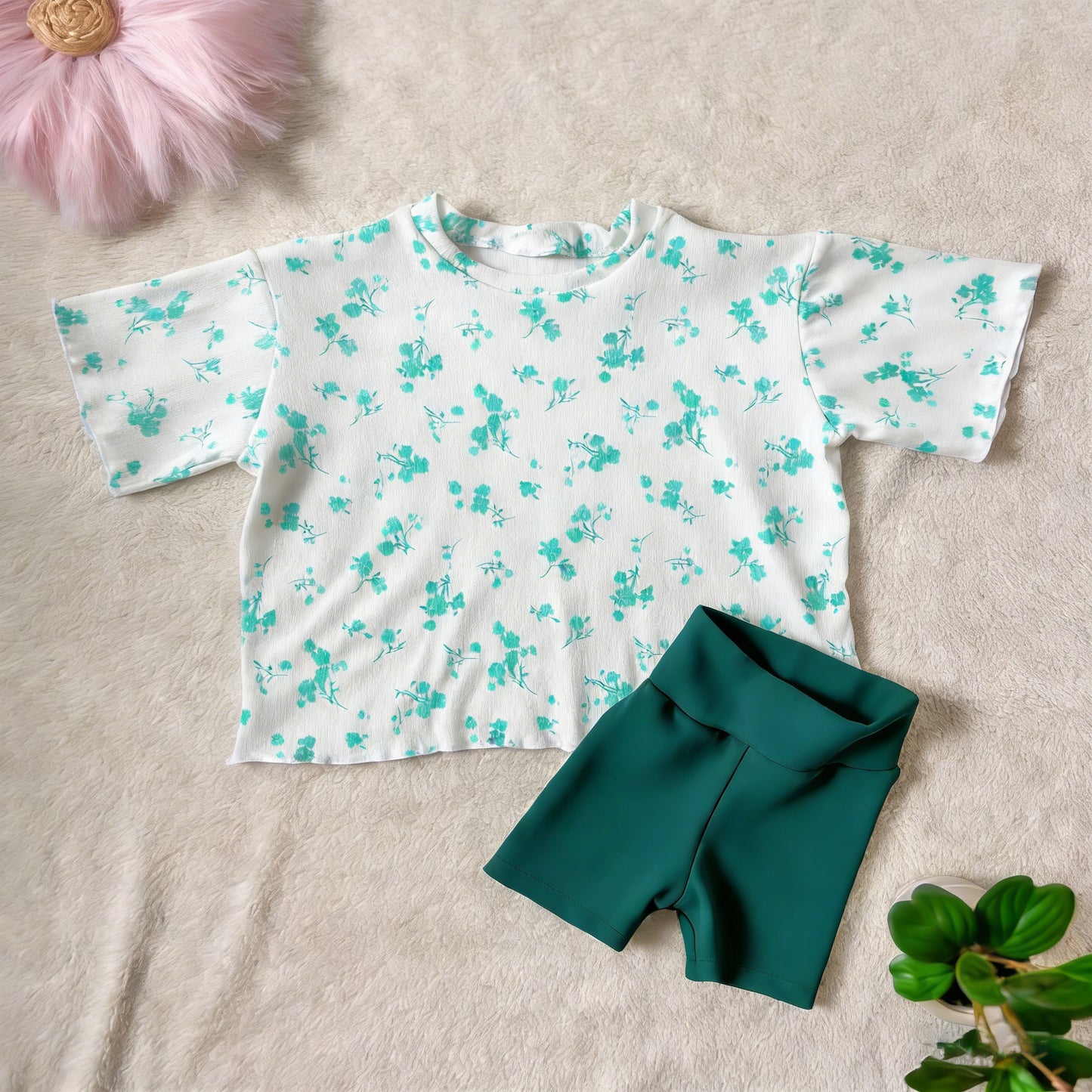 MOQ 5 PCS Preorder GSSO3559 Blue Green Floral White Short Sleeve Shorts Girls Sets 202603