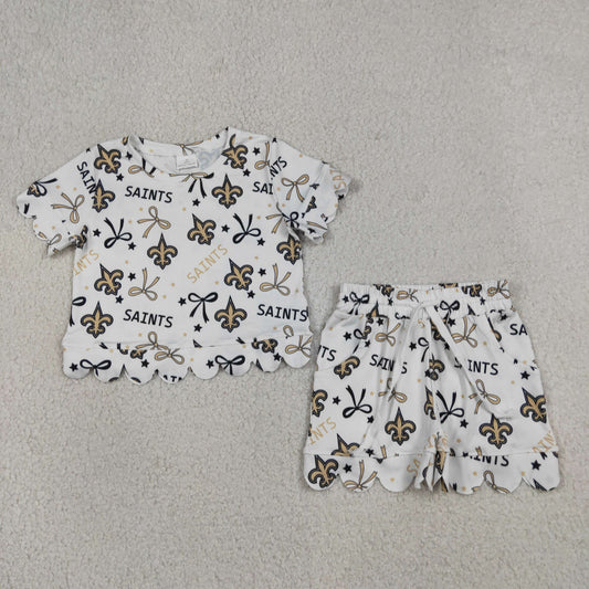 GSSO3561 GO TEAM Saints Star Bow White Wave Ruffle Short Sleeve Shorts Girls Sets 202605 RTS