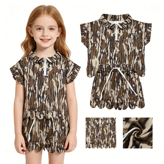 GSSO3563 Army Green Leaf Camouflage Zip Wave Ruffle Short Sleeve Shorts Girls Sets 202605 RTS