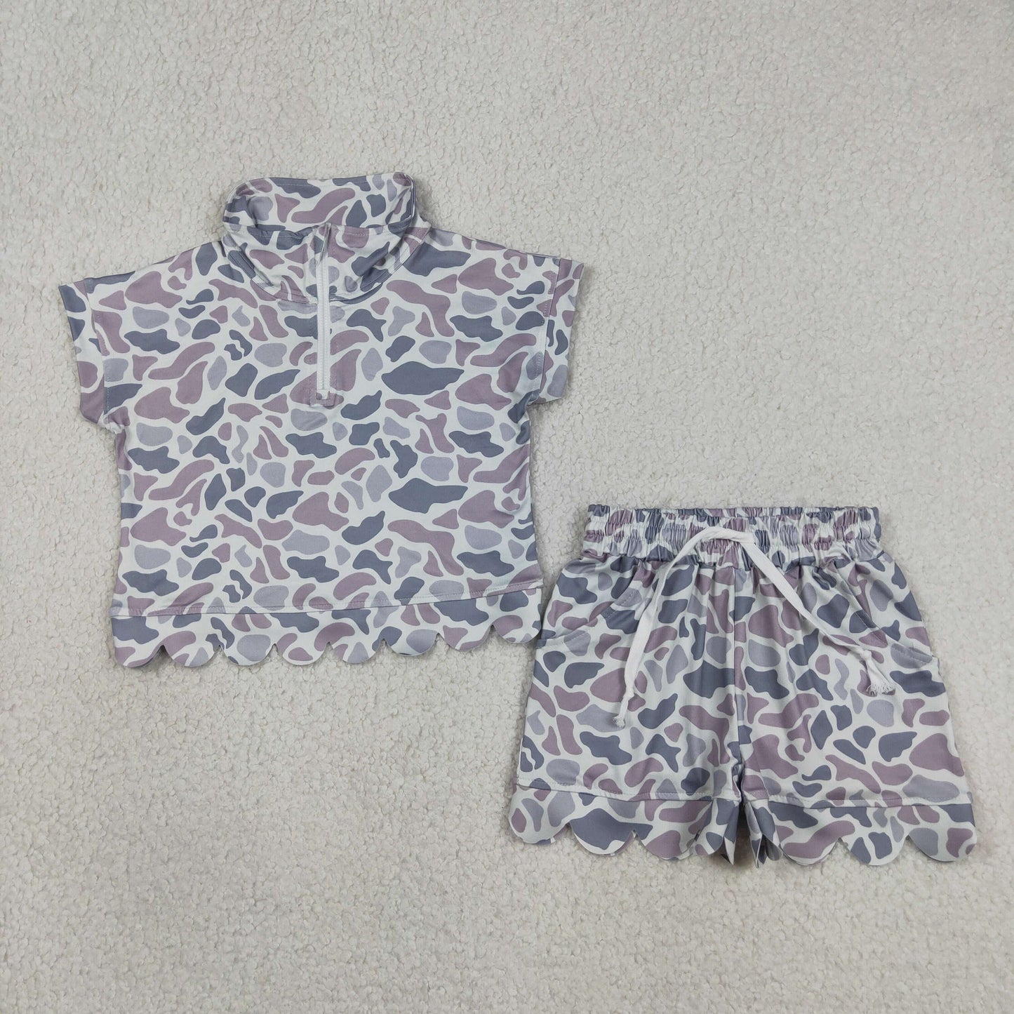 GSSO3564 Gray Blue Camouflage Zip Wave Ruffle Short Sleeve Shorts Girls Sets 202605 RTS