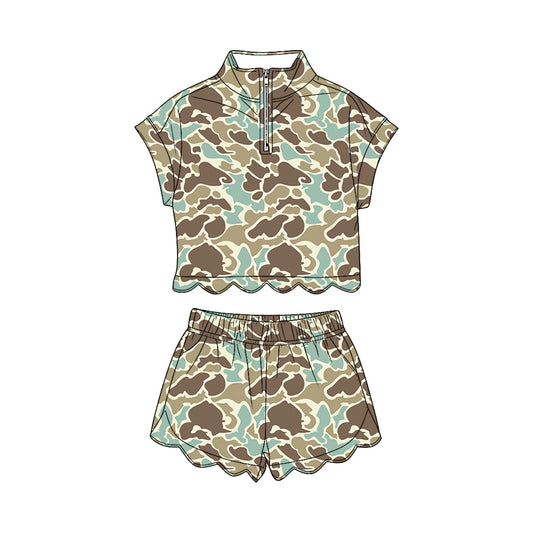 MOQ 30 PCS Preorder GSSO3565 Blue Green Brown Camouflage Zip Wave Ruffle Short Sleeve Shorts Girls Sets 202603