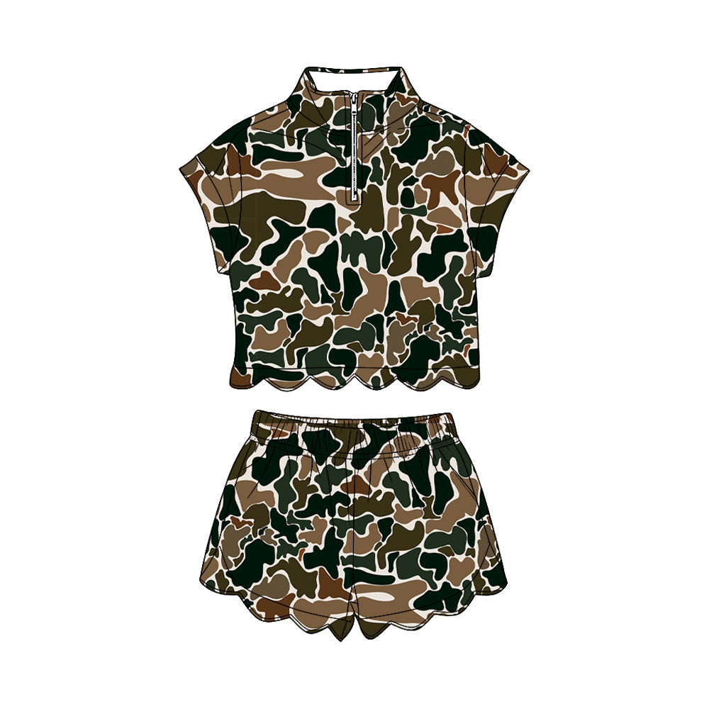 MOQ 30 PCS Preorder GSSO3566 Brown Green Camouflage Zip Wave Ruffle Short Sleeve Shorts Girls Sets 202603