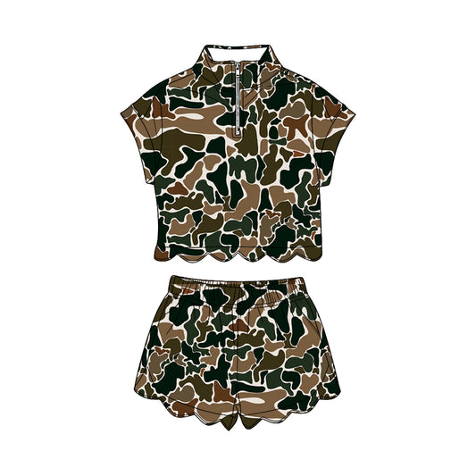 MOQ 30 PCS Preorder GSSO3566 Brown Green Camouflage Zip Wave Ruffle Short Sleeve Shorts Girls Sets 202603