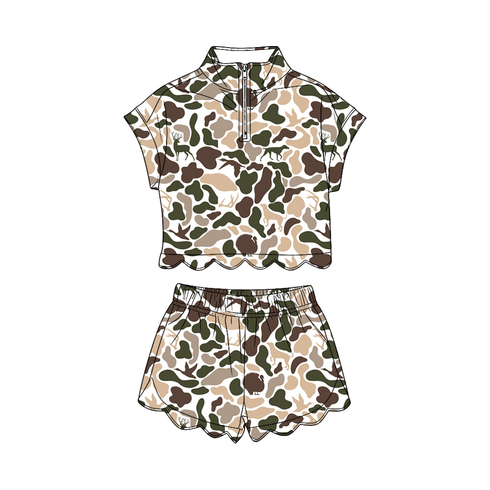 MOQ 30 PCS Preorder GSSO3567 Puppy Duck Deer Hunting Beige Green Camouflage Zip Wave Ruffle Short Sleeve Shorts Girls Sets 202603