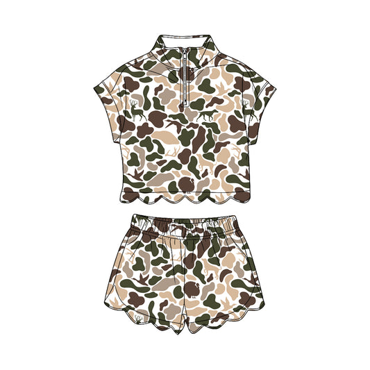 MOQ 30 PCS Preorder GSSO3567 Puppy Duck Deer Hunting Beige Green Camouflage Zip Wave Ruffle Short Sleeve Shorts Girls Sets 202603