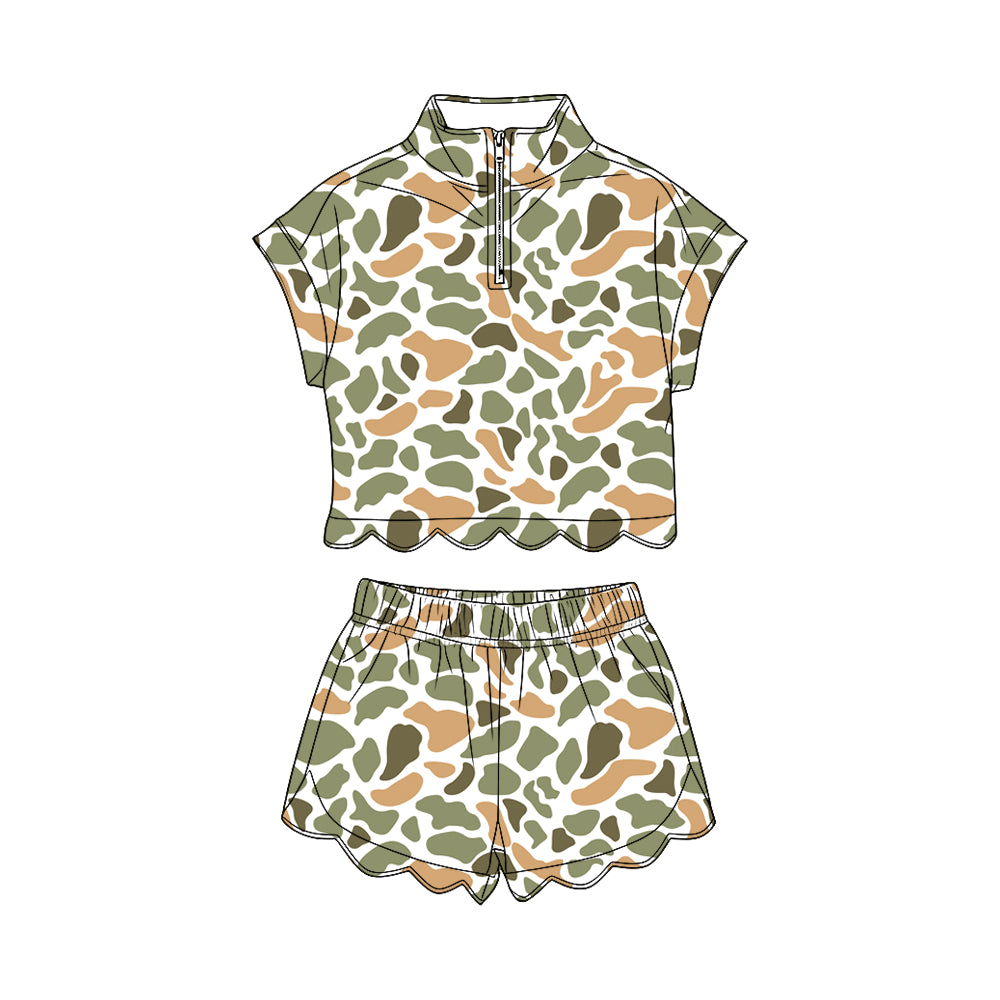 MOQ 30 PCS Preorder GSSO3568 Orange Green Camouflage Zip Wave Ruffle Short Sleeve Shorts Girls Sets 202603
