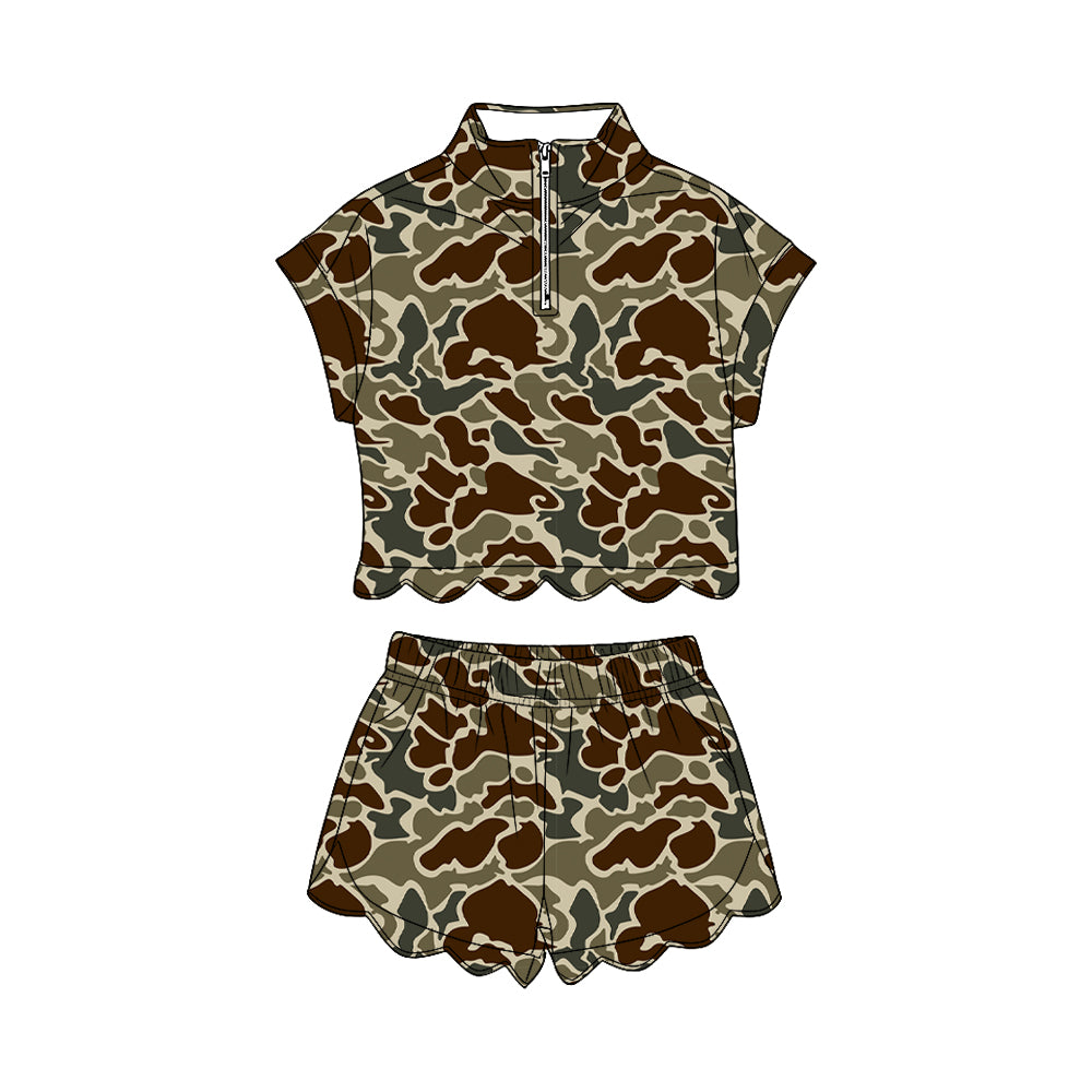 MOQ 30 PCS Preorder GSSO3569 Army Green Brown Camouflage Zip Wave Ruffle Short Sleeve Shorts Girls Sets 202603