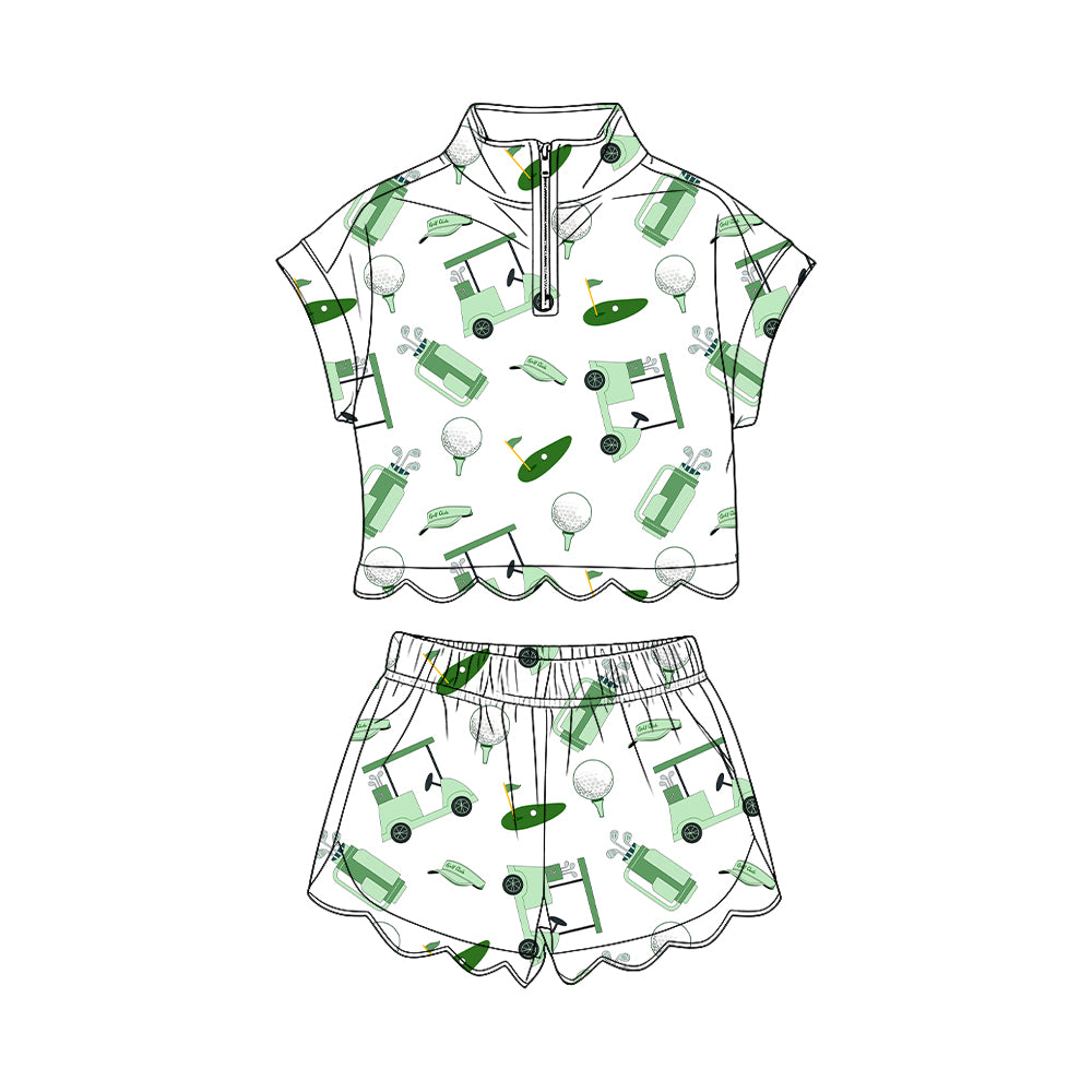 MOQ 30 PCS Preorder GSSO3570 Golf Pattern White Zip Wave Ruffle Short Sleeve Shorts Girls Sets 202603