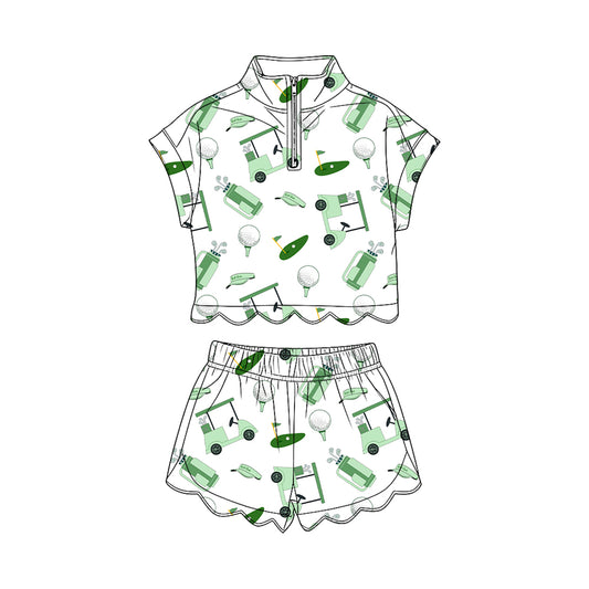 MOQ 30 PCS Preorder GSSO3570 Golf Pattern White Zip Wave Ruffle Short Sleeve Shorts Girls Sets 202603