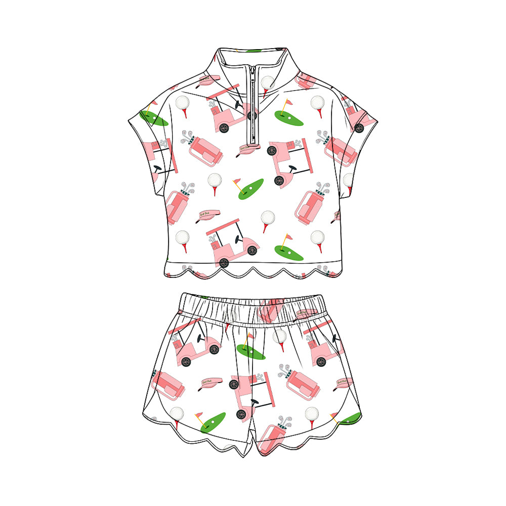 MOQ 30 PCS Preorder GSSO3571 Golf Pattern White Zip Wave Ruffle Short Sleeve Shorts Girls Sets 202603