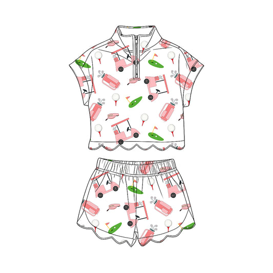 MOQ 30 PCS Preorder GSSO3571 Golf Pattern White Zip Wave Ruffle Short Sleeve Shorts Girls Sets 202603