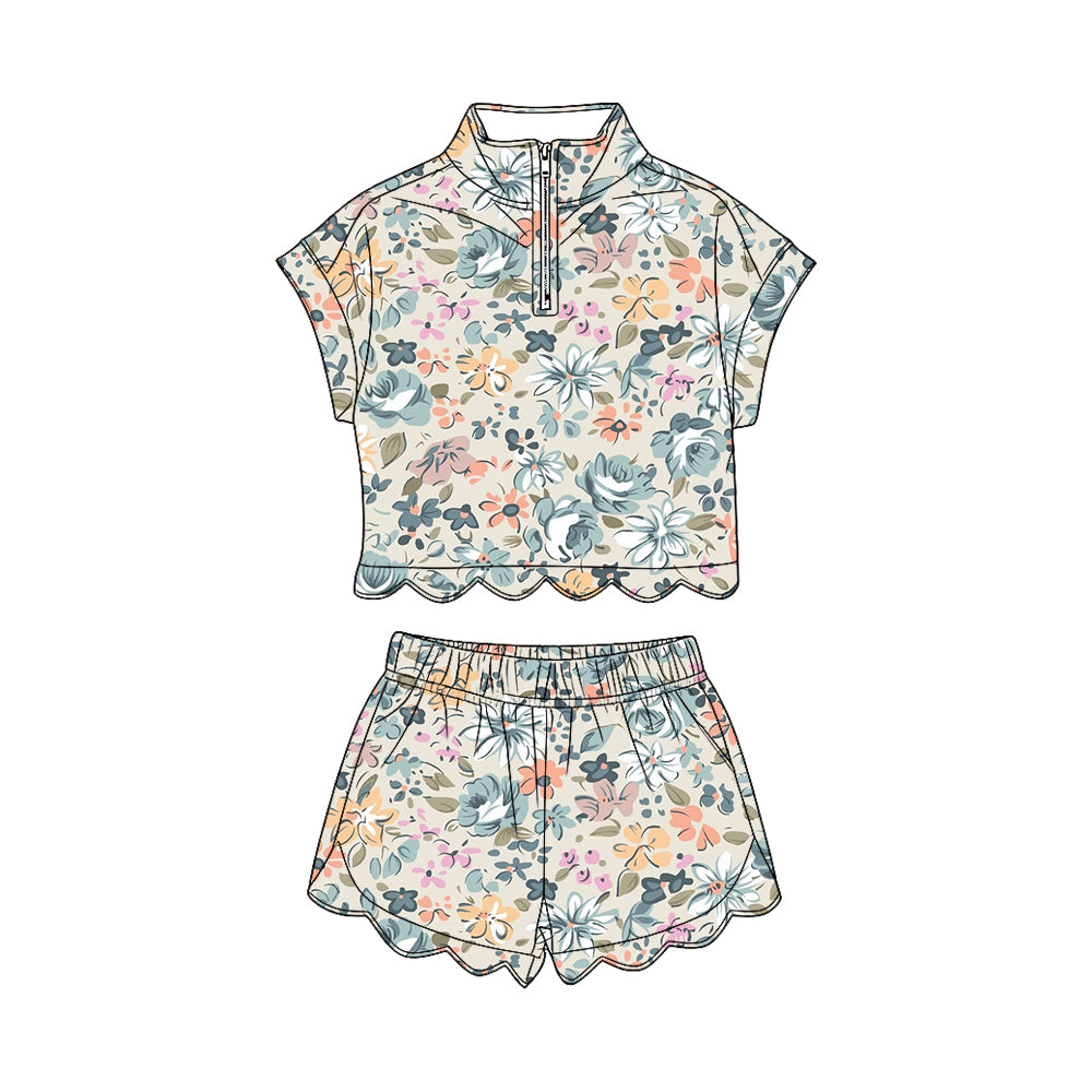 MOQ 30 PCS Preorder GSSO3572 Flower Leaf Zip Wave Ruffle Short Sleeve Shorts Girls Sets 202603