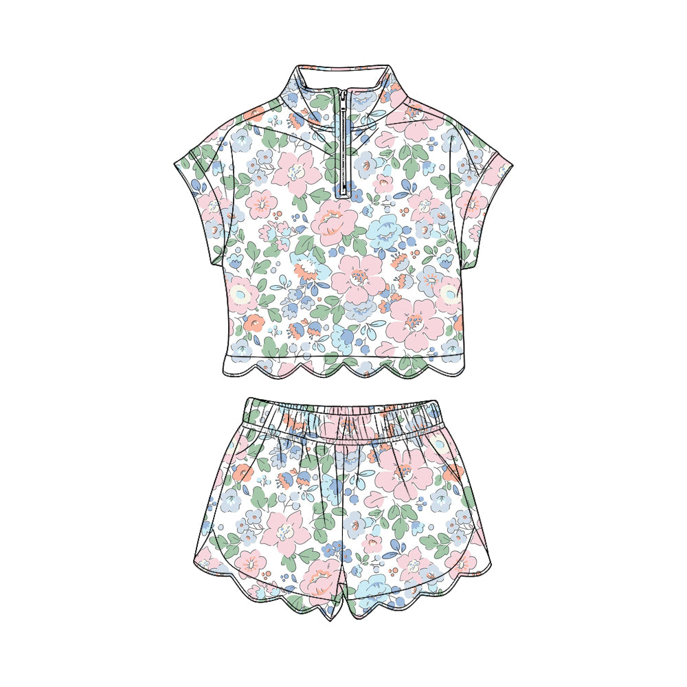 MOQ 30 PCS Preorder GSSO3577 Pink Flower Leaf White Zip Wave Ruffle Short Sleeve Shorts Girls Sets 202603