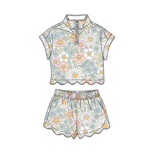 MOQ 30 PCS Preorder GSSO3578 Flower Leaf Light Green Zip Wave Ruffle Short Sleeve Shorts Girls Sets 202603