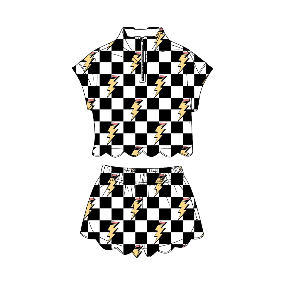 MOQ 30 PCS Preorder GSSO3580 Lightning Black White Plaid Zip Wave Ruffle Short Sleeve Shorts Girls Sets 202603