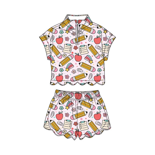 MOQ 30 PCS Preorder GSSO3581 Back to School Pencil Apple Flower Light Pink Zip Wave Ruffle Short Sleeve Shorts Girls Sets 202603