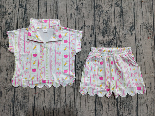 NO MOQ Preorder GSSO3582 Back to School Pink Bows Pencil Apple Flower Zip Wave Ruffle Short Sleeve Shorts Girls Sets 202604