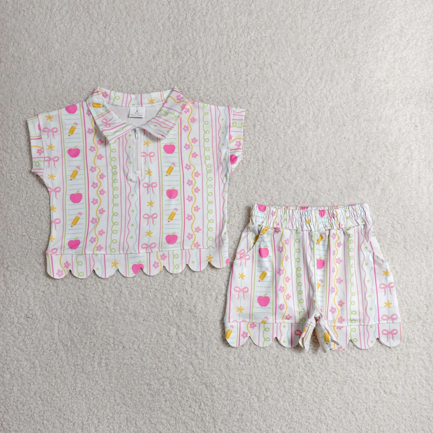 GSSO3582 Back to School Pink Bows Pencil Apple Flower Zip Wave Ruffle Short Sleeve Shorts Girls Sets 202606 RTS