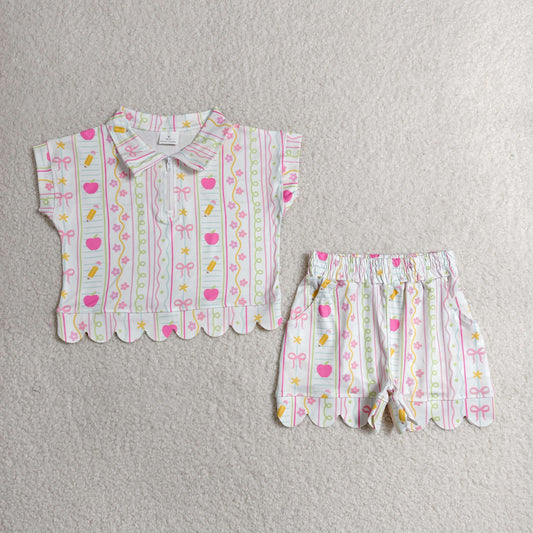 GSSO3582 Back to School Pink Bows Pencil Apple Flower Zip Wave Ruffle Short Sleeve Shorts Girls Sets 202606 RTS