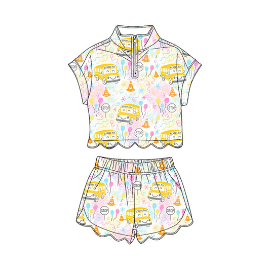 MOQ 30 PCS Preorder GSSO3583 Back to School Bus Balloon Zip Wave Ruffle Short Sleeve Shorts Girls Sets 202603