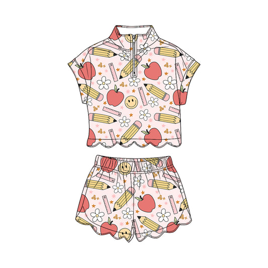 MOQ 30 PCS Preorder GSSO3584 Back to School Apple Pencil Smile Face Zip Wave Ruffle Short Sleeve Shorts Girls Sets 202603