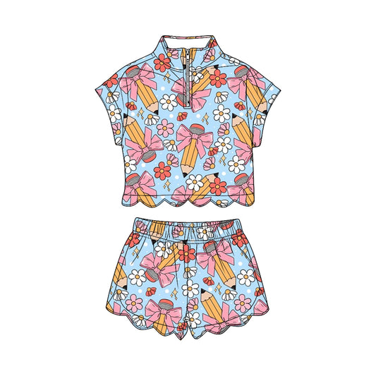 MOQ 30 PCS Preorder GSSO3585 Back to School Bows Pencil Flower Blue Zip Wave Ruffle Short Sleeve Shorts Girls Sets 202603