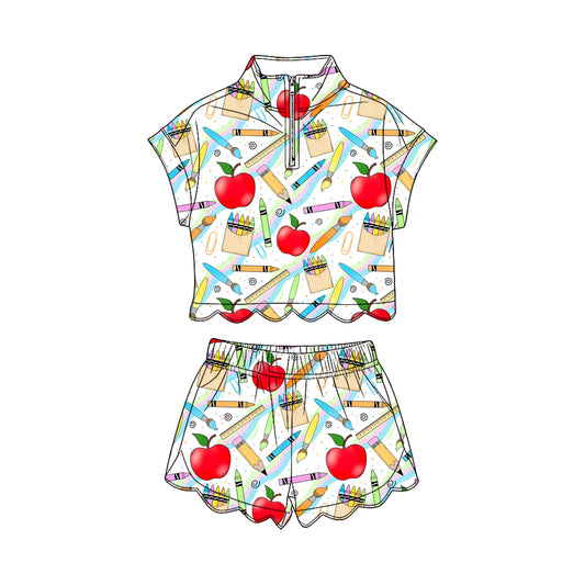 MOQ 30 PCS Preorder GSSO3586 Back to School Apple Crayon Zip Wave Ruffle Short Sleeve Shorts Girls Sets 202603