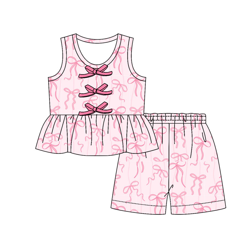 MOQ 5 PCS Preorder GSSO3588 Pink Bows Sleeveless Shorts Girls Sets 202603