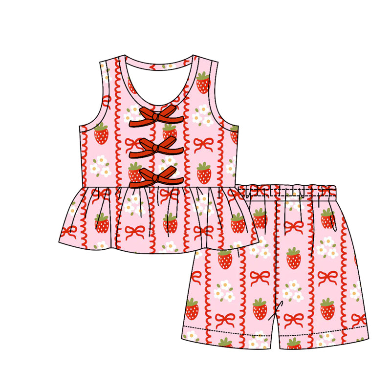 MOQ 5 PCS Preorder GSSO3590 Strawberry Flower Red Bows Sleeveless Shorts Girls Sets 202603