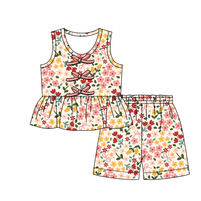 MOQ 5 PCS Preorder GSSO3591 Orange Pink Flower Bows Sleeveless Shorts Girls Sets 202603