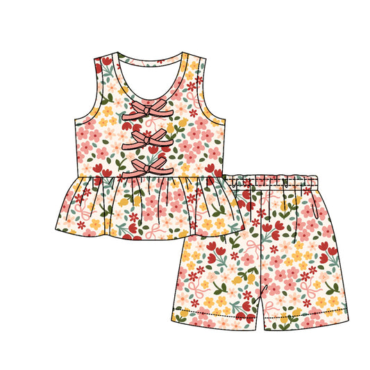 MOQ 5 PCS Preorder GSSO3591 Orange Pink Flower Bows Sleeveless Shorts Girls Sets 202603