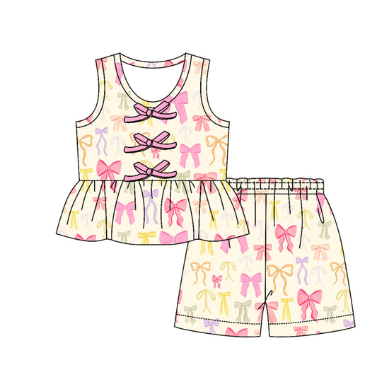 MOQ 5 PCS Preorder GSSO3593 Colored Bows Beige Sleeveless Shorts Girls Sets 202603