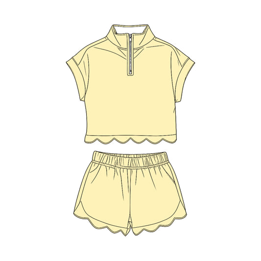 MOQ 30 PCS Preorder GSSO3594 Solid Yellow Zip Wave Ruffle Short Sleeve Shorts Girls Sets 202603