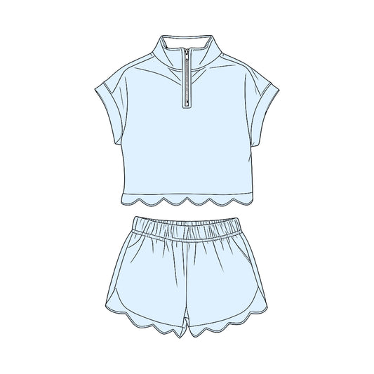 MOQ 30 PCS Preorder GSSO3595 Solid Light Blue Zip Wave Ruffle Short Sleeve Shorts Girls Sets 202603