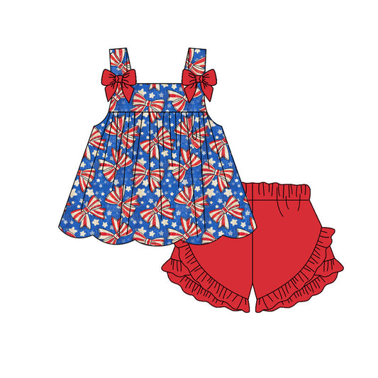 MOQ 30 PCS Preorder GSSO3596 4th of July Red Bows Star Wave Ruffle Sleeveless Shorts Girls Sets 202603