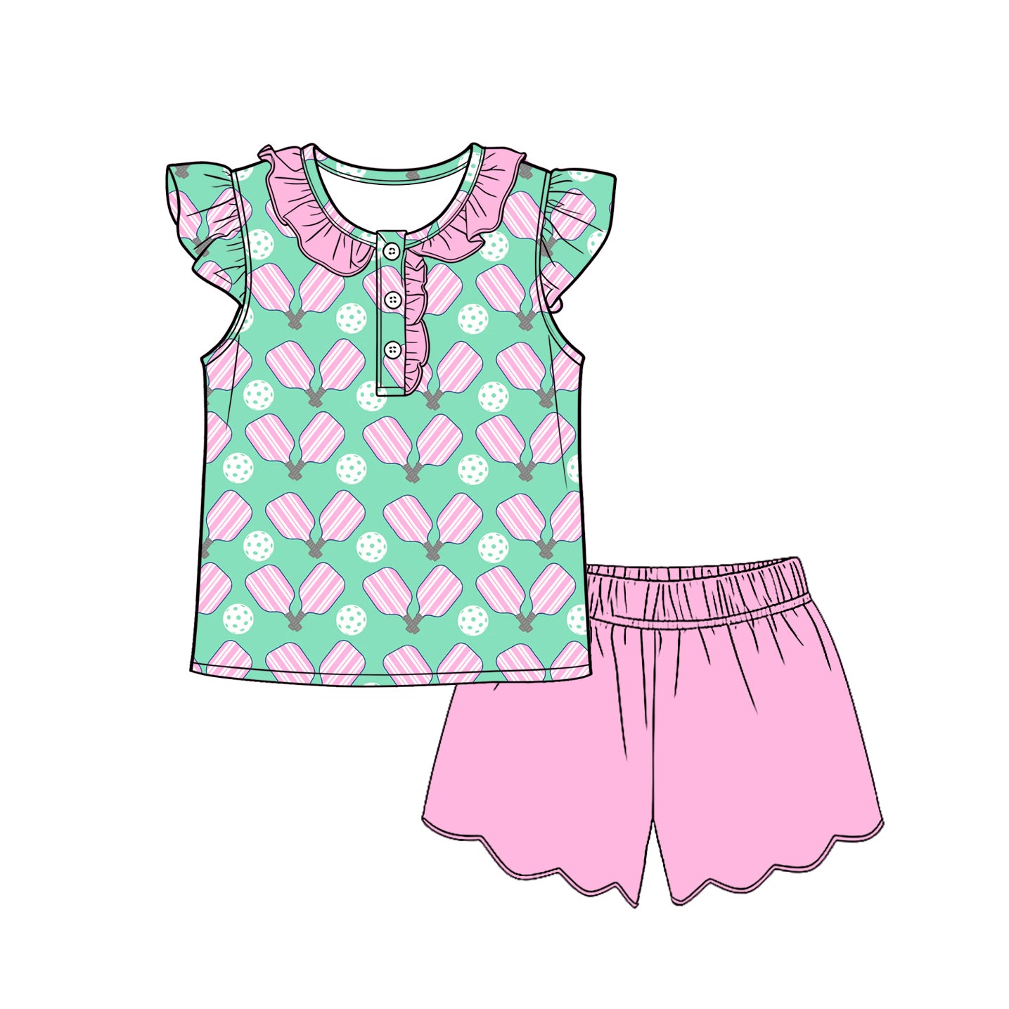 MOQ 30 PCS Preorder GSSO3597 Racket Pink Ruffle Light Green Fly Sleeve Shorts Girls Sets 202603