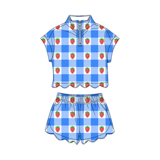 MOQ 30 PCS Preorder GSSO3600 Strawberry Blue Plaid Zip Wave Ruffle Short Sleeve Shorts Girls Sets 202603