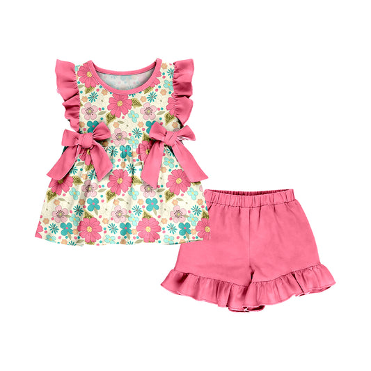 MOQ 5 PCS Preorder GSSO3601 Colored Flower Leaf Rose Red Bows Ruffle Fly Sleeve Shorts Girls Sets 202603