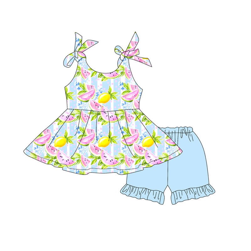 MOQ 5 PCS Preorder GSSO3610 Watermelon Lemon Blue Green Sleeveless Ruffle Shorts Girls Sets 202603