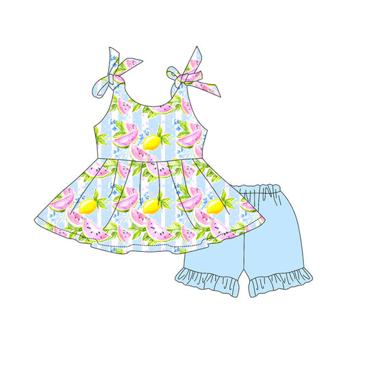 MOQ 5 PCS Preorder GSSO3610 Watermelon Lemon Blue Green Sleeveless Ruffle Shorts Girls Sets 202603