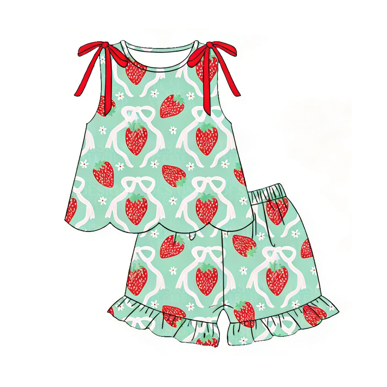 MOQ 30 PCS Preorder GSSO3613 Red Strawberry Bows Flower Green Scalloped Wave Ruffle Sleeveless Shorts Girls Sets 202603