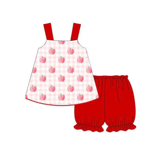 MOQ 5 PCS Preorder GSSO3616 Back to School Apple Pink Red Plaid Sleeveless Shorts Girls Sets 202603