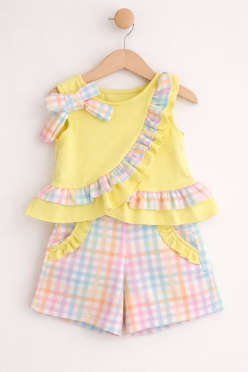 MOQ 5 PCS Preorder GSSO3619 Colored Plaid Ruffle Bows Yellow Sleeveless Shorts Girls Sets 202603