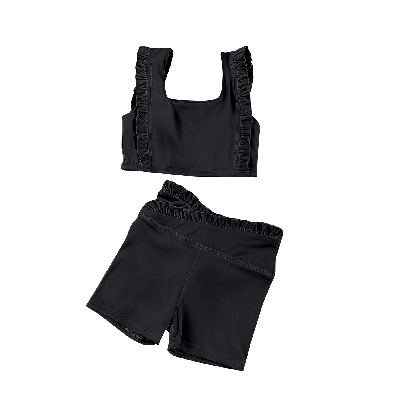 MOQ 5 PCS Preorder GSSO3620 Solid Black Ruffle Sleeveless Shorts Girls Yoga Sets 202603