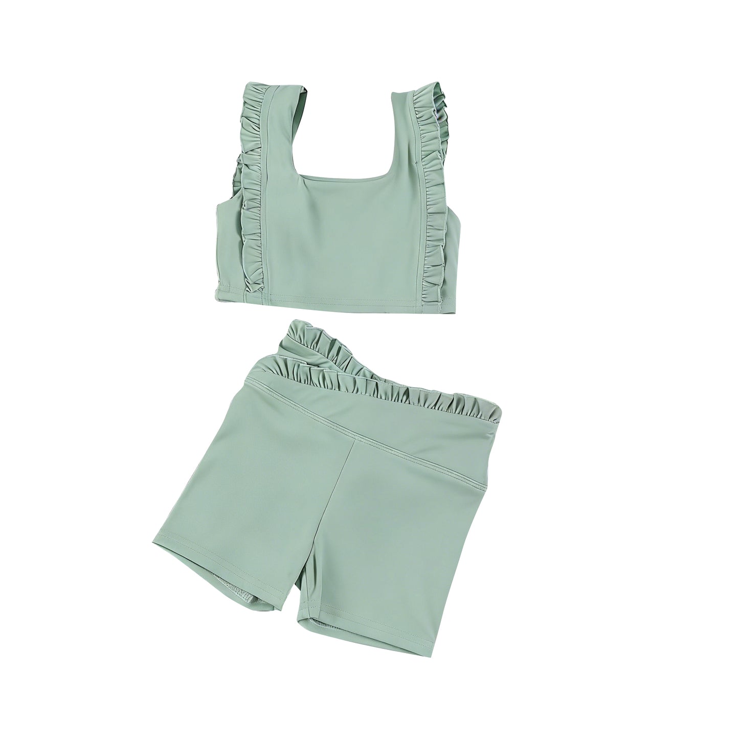 MOQ 5 PCS Preorder GSSO3621 Solid Pea Green Ruffle Sleeveless Shorts Girls Yoga Sets 202603