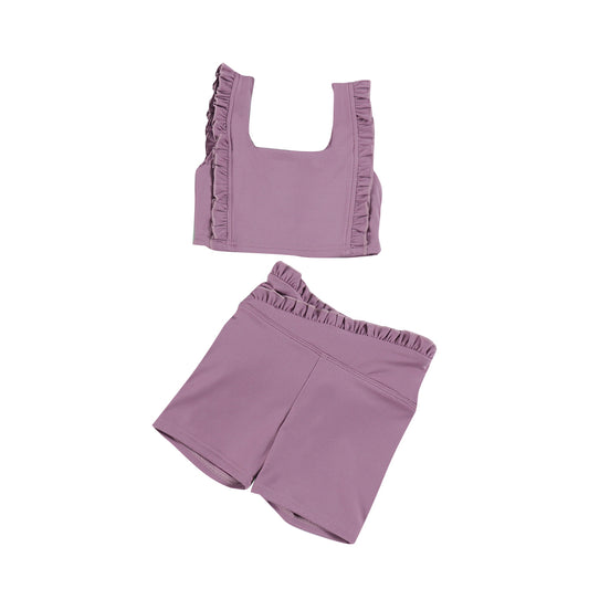 MOQ 5 PCS Preorder GSSO3622 Solid Purple Ruffle Sleeveless Shorts Girls Yoga Sets 202603
