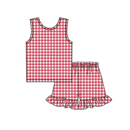 MOQ 5 PCS Preorder GSSO3623 Red Plaid Sleeveless Ruffle Shorts Girls Sets 202603